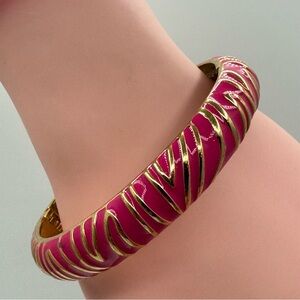 Gold-Tone Pink Enamel Hinged Bangle Bracelet Statement Cuff